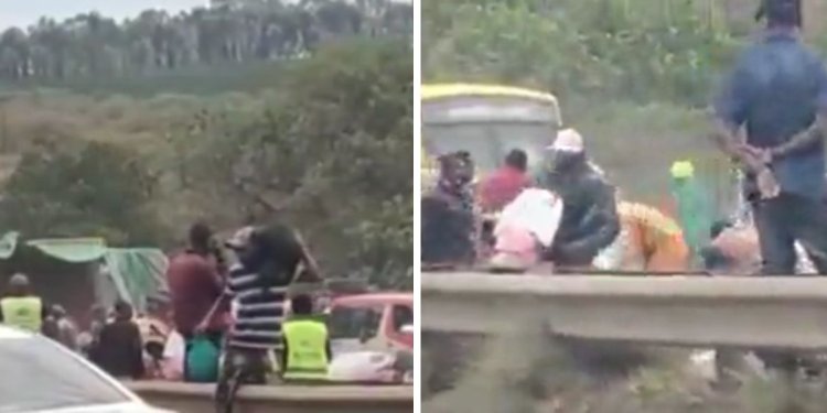 Watch Motorists Loot Food From Overturned Truck Along Thika Road [VIDEO]